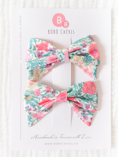 英國LIBERTY FABRICS兒童手工蝴蝶結波波髮夾(一組2入)-五月花田|Liberty Fabrics Kids Bow Hair Clips (Set of 2)-Florence May