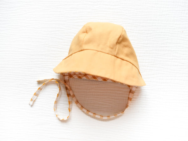 BOBO CHÉRIS 歐式復古雙面穿戴手工嬰兒遮陽帽 - 經典黃格紋｜Reversible Vintage Baby Bonnet - Yellow Gingham