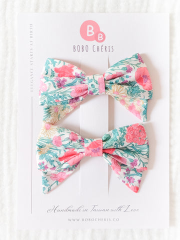 英國LIBERTY FABRICS兒童手工蝴蝶結波波髮夾(一組2入)-五月花田｜Liberty Fabrics Kids Bow Hair Clips (Set of 2)-Florence May