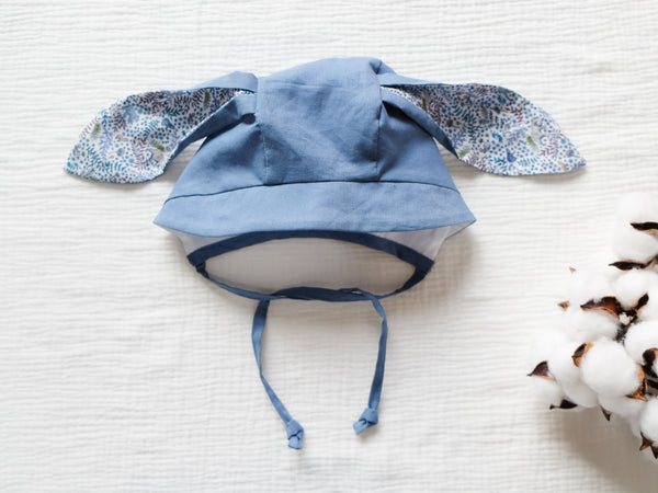 BOBO CHÉRIS 波波雪莉 英國LIBERTY FABRICS棉麻兔寶寶嬰兒帽-莫蘭迪藍｜LIBERTY FABRICS Bunny Ears Baby Bonnet - Morandi Blue