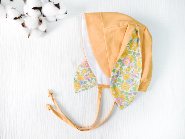 BOBO CHÉRIS 波波雪莉 英國LIBERTY FABRICS棉麻兔寶寶嬰兒帽-莫蘭迪黃｜LIBERTY FABRICS Bunny Ears Baby Bonnet - Morandi Yellow